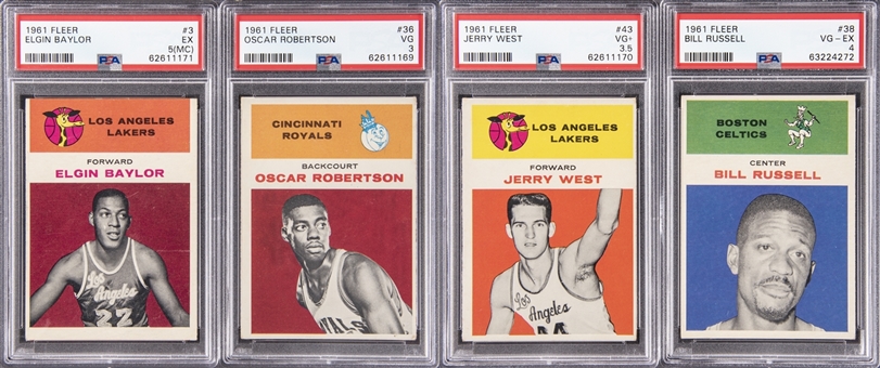 1961-62 Fleer Basketball PSA-Graded Quartet (4 Different) – Including West, Russell, Robertson and Baylor!